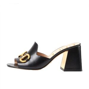 New 👡Gucci Block Heel Mule Sandal - Nero Black & Gold Leather, 7.5